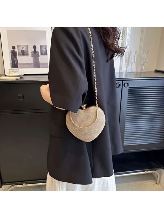 Handbags - Elegant Heart-Shaped Gold Clutch/Crossbody